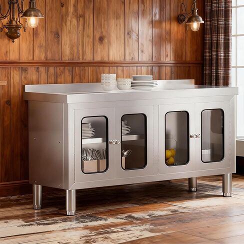 59" Stainless Steel Table Cabinet Heavy Duty Prep Table with 304 Stainless Steel Worktop and 4 Glass Doors Commercial Worktable Workbench with Storage Cabinet for Kitchen Garage Restaurant Outdoor in Kuwait