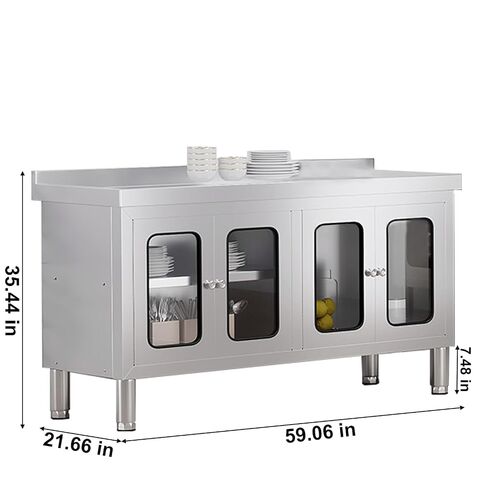 59" Stainless Steel Table Cabinet Heavy Duty Prep Table with 304 Stainless Steel Worktop and 4 Glass Doors Commercial Worktable Workbench with Storage Cabinet for Kitchen Garage Restaurant Outdoor in Kuwait