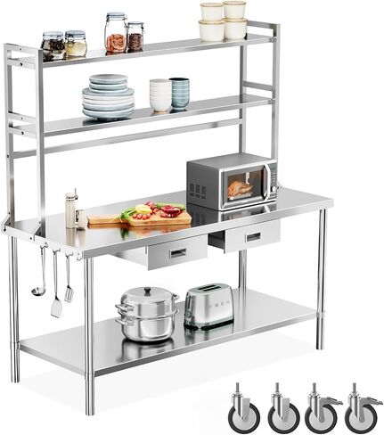 ROVSUN Stainless Steel Table with Wheels & Overshelves 48" X 24", NSF Commercial Heavy Duty Pre Table with Drawers & Adjustable Undershelf，Metal Table with Detachable Hooks for Kitchen Restaurant in Kuwait