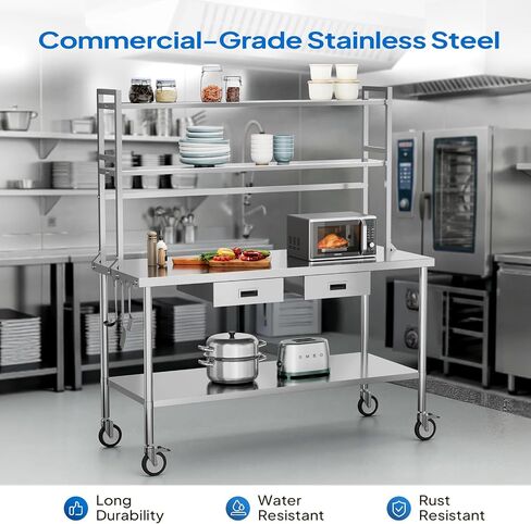 ROVSUN Stainless Steel Table with Wheels & Overshelves 48" X 24", NSF Commercial Heavy Duty Pre Table with Drawers & Adjustable Undershelf，Metal Table with Detachable Hooks for Kitchen Restaurant in Kuwait
