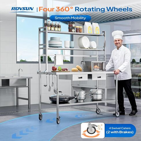 ROVSUN Stainless Steel Table with Wheels & Overshelves 48" X 24", NSF Commercial Heavy Duty Pre Table with Drawers & Adjustable Undershelf，Metal Table with Detachable Hooks for Kitchen Restaurant in Kuwait
