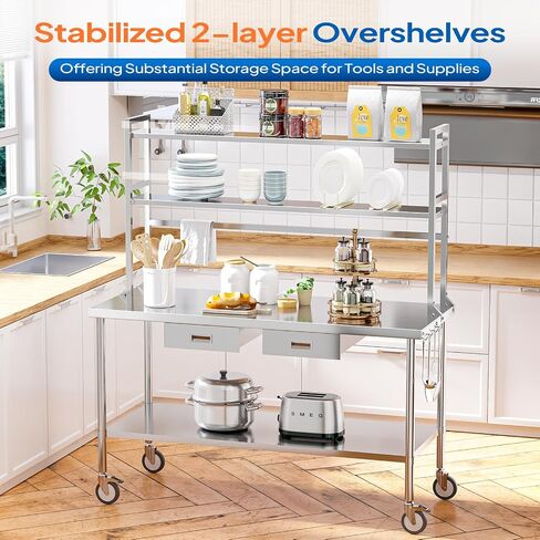 ROVSUN Stainless Steel Table with Wheels & Overshelves 48" X 24", NSF Commercial Heavy Duty Pre Table with Drawers & Adjustable Undershelf，Metal Table with Detachable Hooks for Kitchen Restaurant in Kuwait