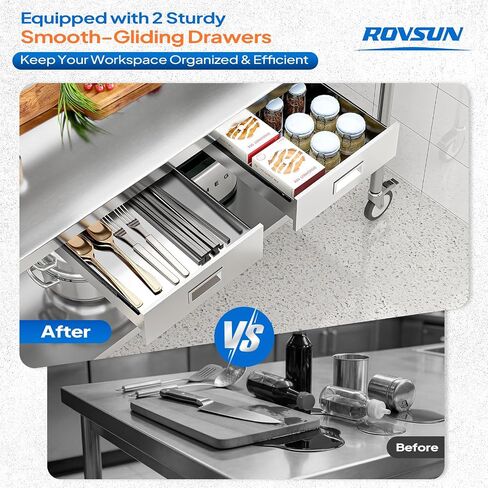 ROVSUN Stainless Steel Table with Wheels & Overshelves 48" X 24", NSF Commercial Heavy Duty Pre Table with Drawers & Adjustable Undershelf，Metal Table with Detachable Hooks for Kitchen Restaurant in Kuwait