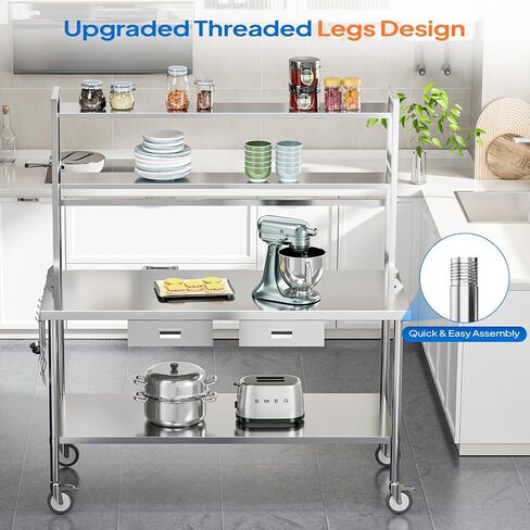 ROVSUN Stainless Steel Table with Wheels & Overshelves 48" X 24", NSF Commercial Heavy Duty Pre Table with Drawers & Adjustable Undershelf，Metal Table with Detachable Hooks for Kitchen Restaurant in Kuwait