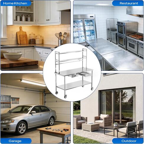 ROVSUN Stainless Steel Table with Wheels & Overshelves 48" X 24", NSF Commercial Heavy Duty Pre Table with Drawers & Adjustable Undershelf，Metal Table with Detachable Hooks for Kitchen Restaurant in Kuwait