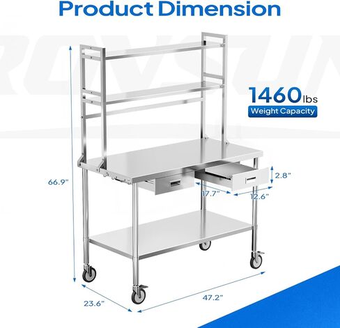 ROVSUN Stainless Steel Table with Wheels & Overshelves 48" X 24", NSF Commercial Heavy Duty Pre Table with Drawers & Adjustable Undershelf，Metal Table with Detachable Hooks for Kitchen Restaurant in Kuwait
