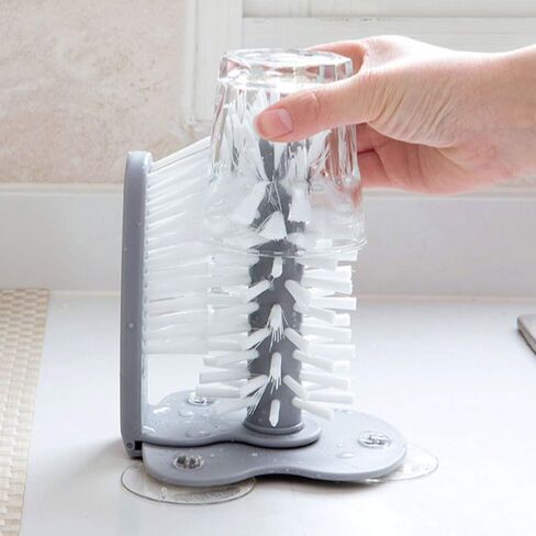 Rotating Cup Brush 360° Double-Sided 3-Suction Base | PP & PVC bristles safe for cups, bottles, wine glasses. 6.89" base, 5.51" tall. Ideal for kitchen, bar, daily use in Kuwait