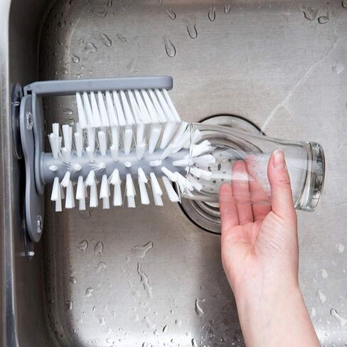 Rotating Cup Brush 360° Double-Sided 3-Suction Base | PP & PVC bristles safe for cups, bottles, wine glasses. 6.89" base, 5.51" tall. Ideal for kitchen, bar, daily use in Kuwait