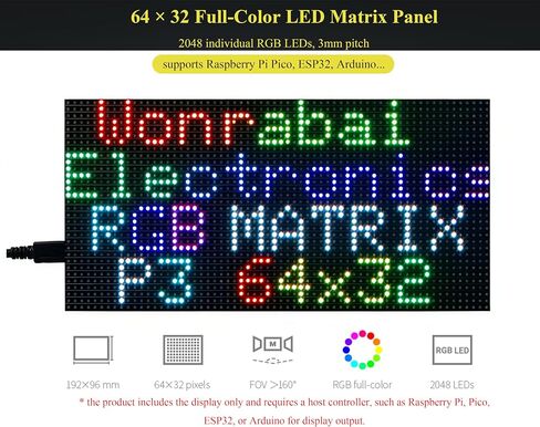 64x32 2048 RGB Full Color LED Matrix Panel,3mm Pitch, Display Text/Colorful Image/Animation Adjustable Brightness Chainable Design, Compatible with Raspberry Pi/Pi Pico / ESP32/Ardui in Kuwait