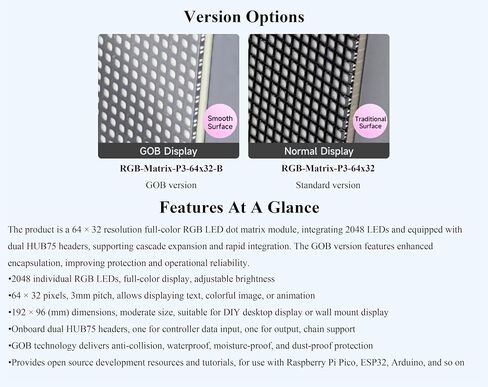 64x32 2048 RGB Full Color LED Matrix Panel,3mm Pitch, Display Text/Colorful Image/Animation Adjustable Brightness Chainable Design, Compatible with Raspberry Pi/Pi Pico / ESP32/Ardui in Kuwait