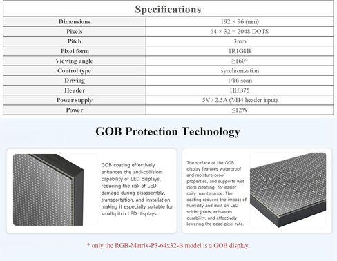64x32 2048 RGB Full Color LED Matrix Panel,3mm Pitch, Display Text/Colorful Image/Animation Adjustable Brightness Chainable Design, Compatible with Raspberry Pi/Pi Pico / ESP32/Ardui in Kuwait