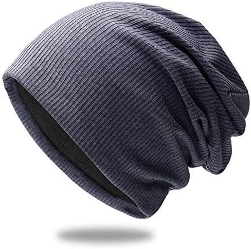 Slouchy Beanie Hat, Striped Knit Oversized Skull Cap, Gray | Unisex Style, Soft Stretch Fabric, Ribbed Texture, Casual Wear, Winter Headwear in Kuwait