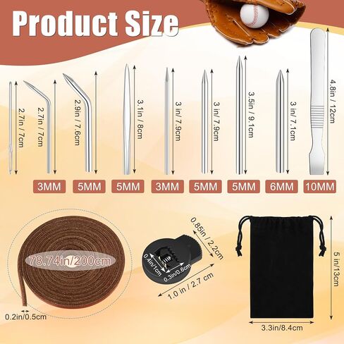Anglekai 21PCS Baseball Glove Lace Needles Kit, Softball Glove Repair Lace Kit, 8PCS Needles/ 78 in Leather Strip/ 10 Locks/Bag (Dark Brown) in Kuwait