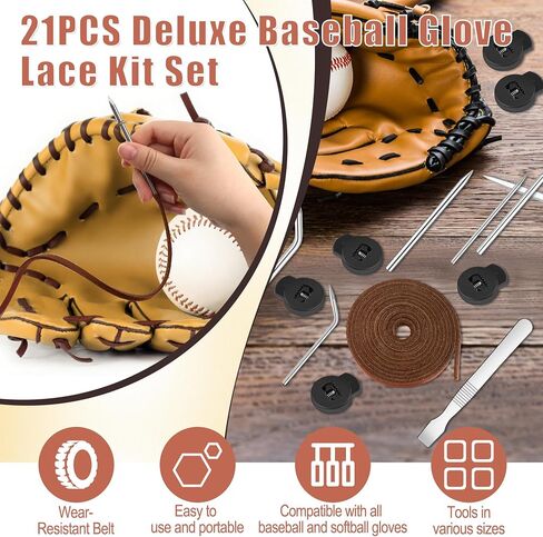 Anglekai 21PCS Baseball Glove Lace Needles Kit, Softball Glove Repair Lace Kit, 8PCS Needles/ 78 in Leather Strip/ 10 Locks/Bag (Dark Brown) in Kuwait