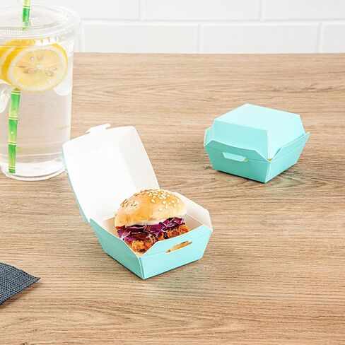 Restaurantware 2.5 x 2.5 x 2 Inch Mini Burger Boxes 100 Clamshell Food Containers - Hinged Lid Disposable Turquoise Paper Take Out Boxes Serve Sliders Or Finger Foods in Kuwait
