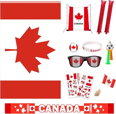 2026 World Cup Soccer Fan Kit 12PCS - Cheering Set with 3x5 Flag, Thunder Sticks, Scarf, Fan Glasses, Drawstring Bag, Wristband, Whistle, Hand Flag, Temporary Tattoos, Supporter Gear in Kuwait