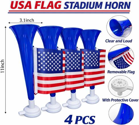 USA Flag Stadium Horn - Soccer World Cup Fan Patriotic Vuvuzela Horn with USA Flag, Loud Stadium Noise Maker for Sports Events, Parades, Celebrations - 4pc in Kuwait