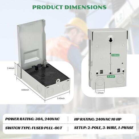 30 Amp Disconnect Box with Fuses,Outdoor Waterproof Metal Enclosure with Pull-Out Switch,UL Listed, AC Disconnect for Mini Split,Air Conditioning ＆ Home HVAC (Fuse Included) in Kuwait