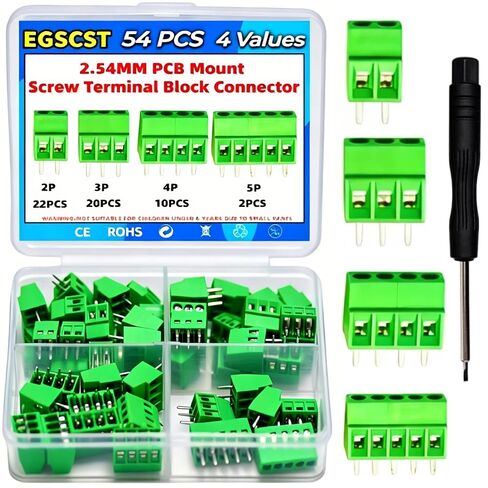 54PCS 2.54mm 0.1" Pitch PCB Mount Screw Terminal Block Connector Kit, 2P 3P 4P 5P Screw Terminals for Circuit Board Wire Connectors, 150V 6A, Compatible with DIY Boards, Includes Screwdriver in Kuwait