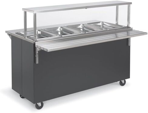 46-inch 120-volt three-well 2-Series deluxe hot-food station with black base, storage compartment and cafeteria-style breath guard in Kuwait