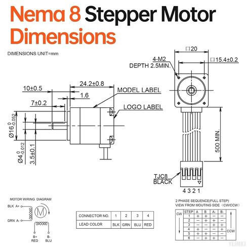 Nema 8 Stepper Motor 2 Phase 1.8‌°‌ 1.2Ncm(1.7oz·in) High Torque Bipolar 25mm 0.3A 21Ω 4-Lead Shaft 10mm φ4mm 20 Mini Stepper Motor Cable 0.5M for 3D Printer DIY Robot CNC Machine in Kuwait