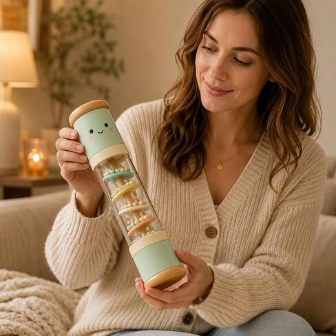 Juju Wooden Rain Stick – Pastel Mint Beechwood Rainmaker with Clear Bead Window and Kawaii Face – Rounded Wood End Caps – Whimsical Shelf and Nursery Room Decor Accent in Kuwait