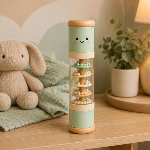 Juju Wooden Rain Stick – Pastel Mint Beechwood Rainmaker with Clear Bead Window and Kawaii Face – Rounded Wood End Caps – Whimsical Shelf and Nursery Room Decor Accent in Kuwait