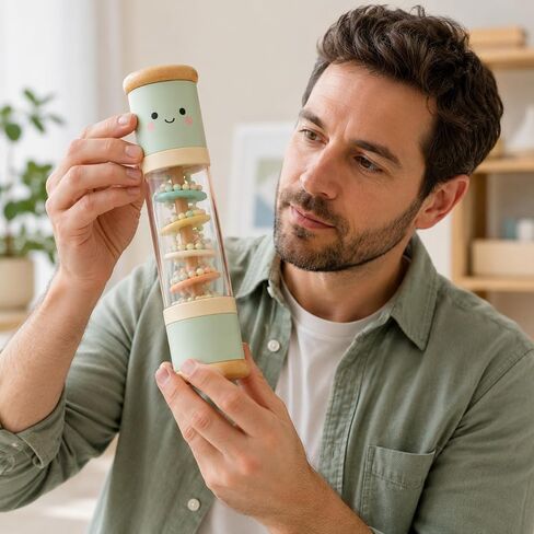Juju Wooden Rain Stick – Pastel Mint Beechwood Rainmaker with Clear Bead Window and Kawaii Face – Rounded Wood End Caps – Whimsical Shelf and Nursery Room Decor Accent in Kuwait