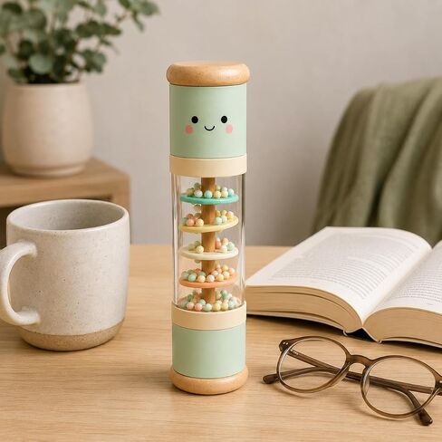 Juju Wooden Rain Stick – Pastel Mint Beechwood Rainmaker with Clear Bead Window and Kawaii Face – Rounded Wood End Caps – Whimsical Shelf and Nursery Room Decor Accent in Kuwait