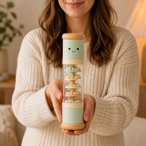 Juju Wooden Rain Stick – Pastel Mint Beechwood Rainmaker with Clear Bead Window and Kawaii Face – Rounded Wood End Caps – Whimsical Shelf and Nursery Room Decor Accent in Kuwait