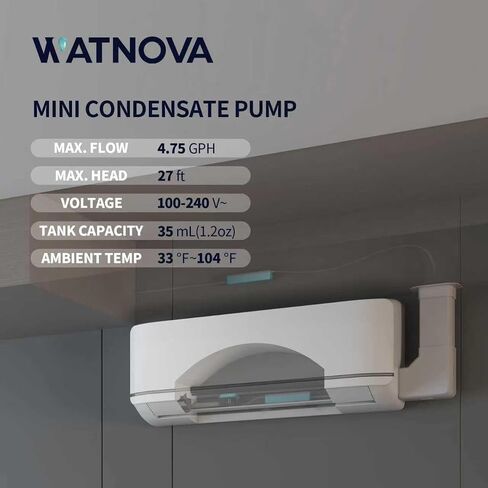 مضخة مكثفات سبليت صغيرة رفيعة من WATNOVA، 4.75 جيجا في الساعة 27 قدمًا، مضخة تصريف HVAC، مستشعر مسبار عائم، هادئ 19 ديسيبل، تركيب مخفي لمكيفات الهواء المثبتة على الحائط/مكيف السقف in Kuwait