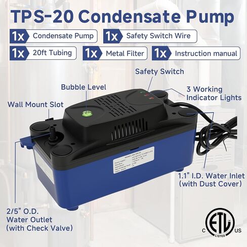 مضخة مكثفات TPS-20 HVAC مطورة، مفتاح أمان تشغيل/إيقاف تلقائي، رفع 300 لتر/ساعة (80 جيجا في الساعة) 20 قدمًا، مع أنابيب 20 قدمًا، 110-240 فولت تيار متردد، لوحدات التيار المتردد، ومزيلات الرطوبة، وصانعات الثلج، والأفران، والغلايات in Kuwait