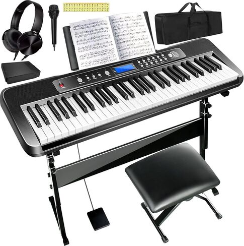 AQNIEGEP Pro 61-Key Electric Keyboard Piano w/LCD & Sustain Pedal, Full-Size Studio Keyboard w/Stand, Bench, Headphones, Mic, 200 Timbres/Rhythms, 80 Songs, Professional Piano Keyboard for All Levels in Kuwait