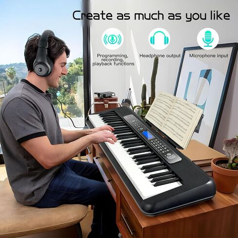 AQNIEGEP Pro 61-Key Electric Keyboard Piano w/LCD & Sustain Pedal, Full-Size Studio Keyboard w/Stand, Bench, Headphones, Mic, 200 Timbres/Rhythms, 80 Songs, Professional Piano Keyboard for All Levels in Kuwait