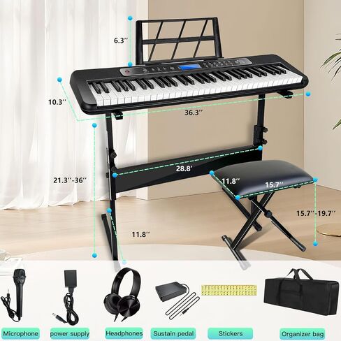 AQNIEGEP Pro 61-Key Electric Keyboard Piano w/LCD & Sustain Pedal, Full-Size Studio Keyboard w/Stand, Bench, Headphones, Mic, 200 Timbres/Rhythms, 80 Songs, Professional Piano Keyboard for All Levels in Kuwait