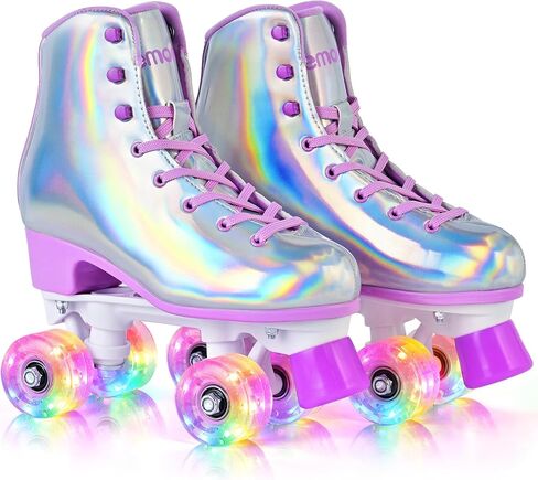NEMONE Roller Skates for Girls, Women Roller Skates with Light up Wheels, Classic Shiny Purple Pink Rollerskates, High Top Outdoor Indoor Skates for Adults Youth Kids in Kuwait