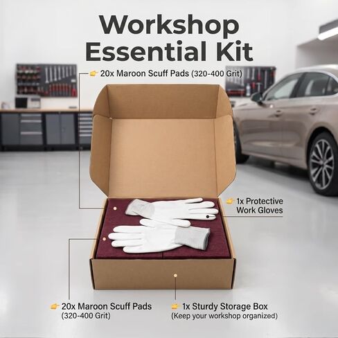 6"x9" Maroon Scuff Pads, 320-400 Grit Very Fine, 20 Pack | Aluminum oxide pads for auto paint prep & wood sanding. Set includes exactly 20 scuff pads, work gloves & Kraft storage box. in Kuwait