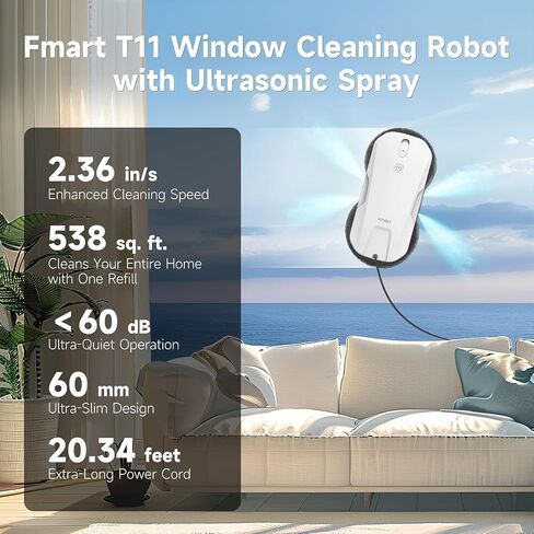 FMART T11 Window Cleaning Robot, Auto 4-Way Water Spray, 5300Pa Strong Suction, High-Speed Cleaning, <60dB Ultra-Quiet, 60mm Slim Window Robot, Smart Navigation, Anti-Drop & 50min UPS Protection in Kuwait