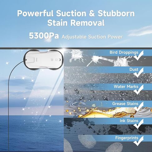 FMART T11 Window Cleaning Robot, Auto 4-Way Water Spray, 5300Pa Strong Suction, High-Speed Cleaning, <60dB Ultra-Quiet, 60mm Slim Window Robot, Smart Navigation, Anti-Drop & 50min UPS Protection in Kuwait