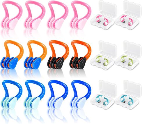 18 Packs Swimming Nose Clip Ear Plugs,Reusable Silicone Nose Plugs with Ear Plugs for Adults and Kids, Multi-Layer Waterproofing,Multi-Color,for Pool,Diving,with Storage Box in Kuwait