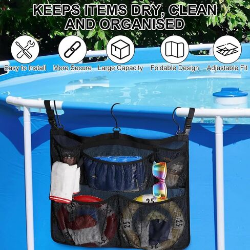Above Ground Pool Float Storage, Hanging Mesh Pool Bag Organizer with 5 Pockets, Quick-Drain Pool Storage Net for Floats, Rafts, Inflatables, Water Toys & Beach Balls, 24 x 21 Inch in Kuwait