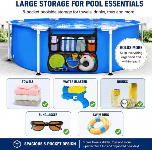 Above Ground Pool Float Storage, Hanging Mesh Pool Bag Organizer with 5 Pockets, Quick-Drain Pool Storage Net for Floats, Rafts, Inflatables, Water Toys & Beach Balls, 24 x 21 Inch in Kuwait
