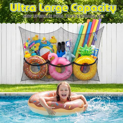 Extra Large Pool Float Storage Net, Swimming Pool Hanging Organizer Mesh Holder Elastic Poolside Fence Net with Small Mesh Bag for Inflatable Ball Float Ring in Kuwait