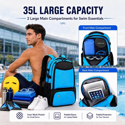 Swim Bag for Swimmers, 35L Swim Backpack for Swimmers with Shoe Compartment,Waterproof Swimming Backpack for Men and Women, Wet Dry Compartments for Pool, Gym, Beach and Travel in Kuwait