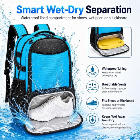 Swim Bag for Swimmers, 35L Swim Backpack for Swimmers with Shoe Compartment,Waterproof Swimming Backpack for Men and Women, Wet Dry Compartments for Pool, Gym, Beach and Travel in Kuwait