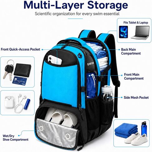 Swim Bag for Swimmers, 35L Swim Backpack for Swimmers with Shoe Compartment,Waterproof Swimming Backpack for Men and Women, Wet Dry Compartments for Pool, Gym, Beach and Travel in Kuwait