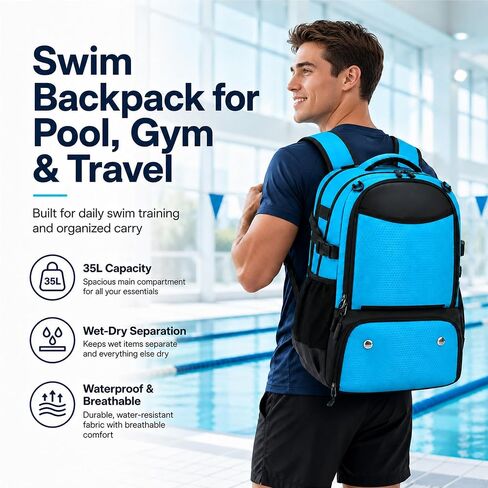 Swim Bag for Swimmers, 35L Swim Backpack for Swimmers with Shoe Compartment,Waterproof Swimming Backpack for Men and Women, Wet Dry Compartments for Pool, Gym, Beach and Travel in Kuwait