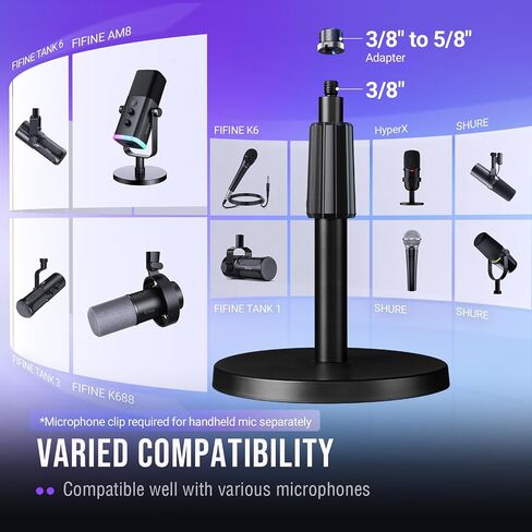 FIFINE Desktop Microphone Stand, Heavy-Duty Metal Adjustable Table Mic Stand with 5/8" Male to 3/8" Female Screw Adapter, 4 Non-Slip Pads Compatible with Microphones for Recording, Streaming-BS1 in Kuwait