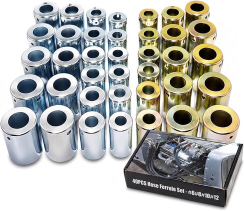 Chumia 40pcs AC Hose Ferrule Set #6#8#10#12 Heavy Duty Iron AC Crimp Fitting Ferrules for Standard Barrier Hydraulic Hose Anti-rust Zinc Coated Automotive Air Conditioning Repair Kit (silver, Gold) in Kuwait