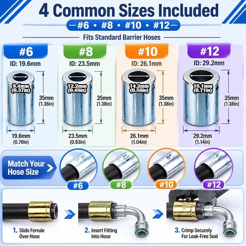 Chumia 40pcs AC Hose Ferrule Set #6#8#10#12 Heavy Duty Iron AC Crimp Fitting Ferrules for Standard Barrier Hydraulic Hose Anti-rust Zinc Coated Automotive Air Conditioning Repair Kit (silver, Gold) in Kuwait